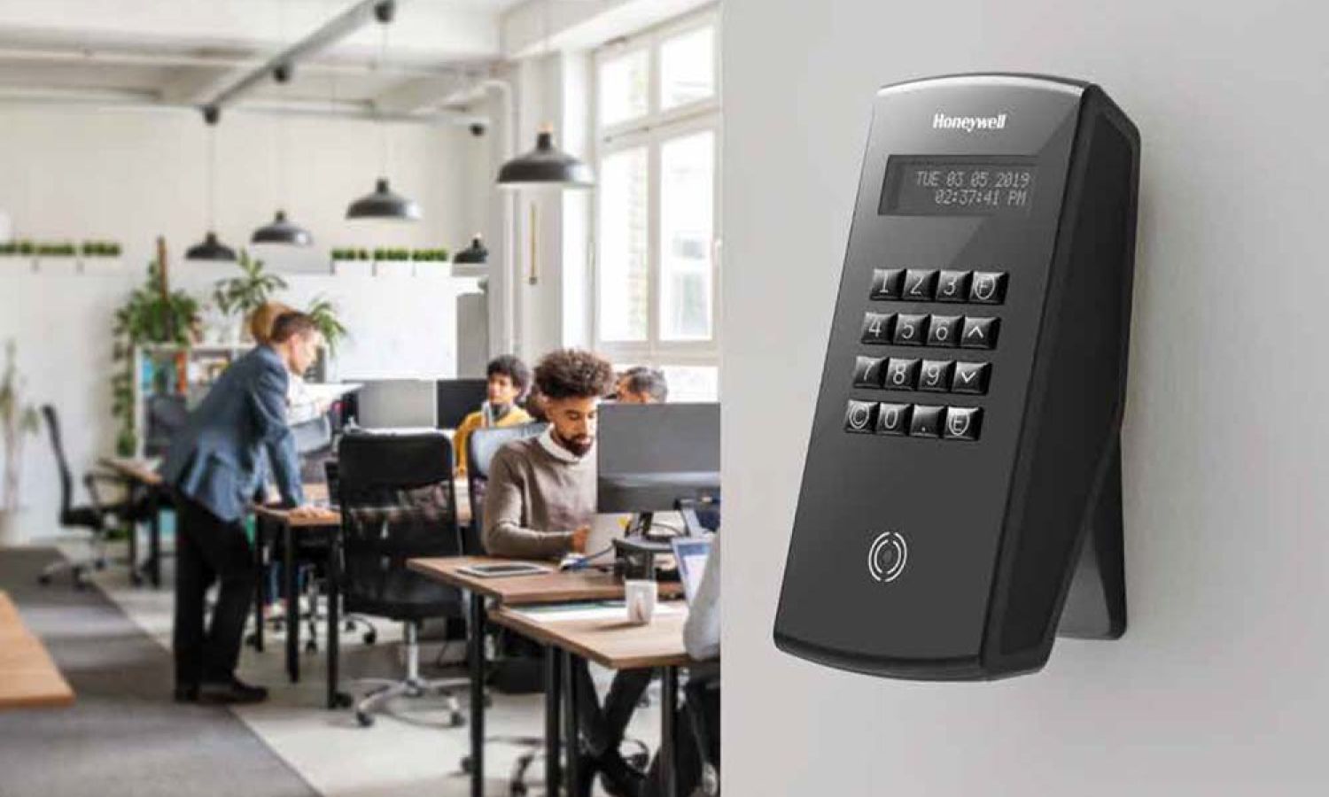 Honeywell touchpad, person pressing button