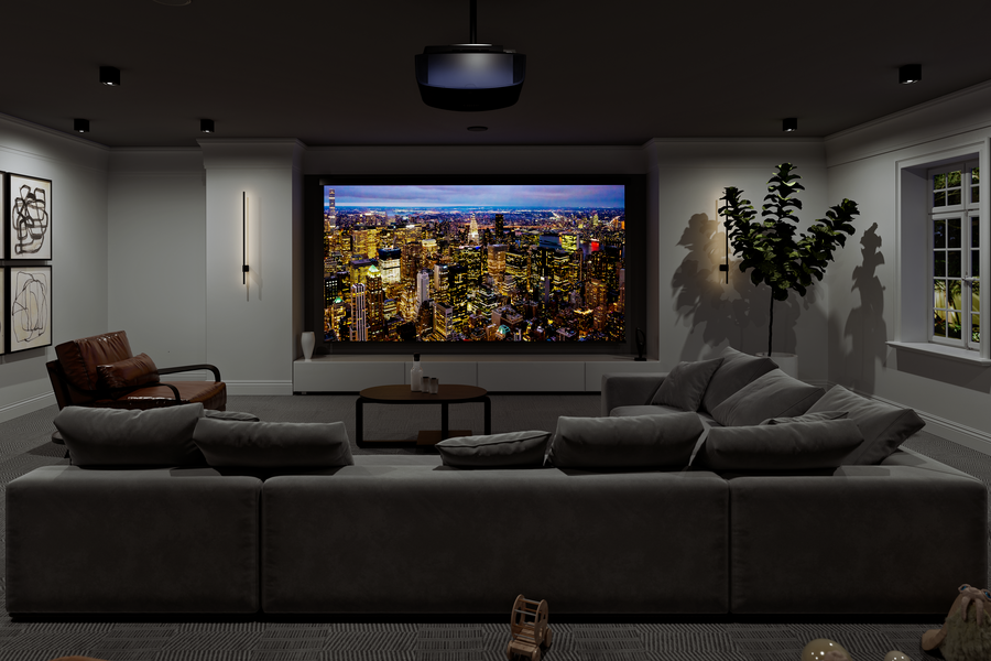 Home theater featuring a Sony screen and ceiling-mounted projector. 