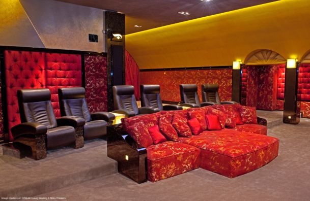 Home Theater Cineak red seating and black seating