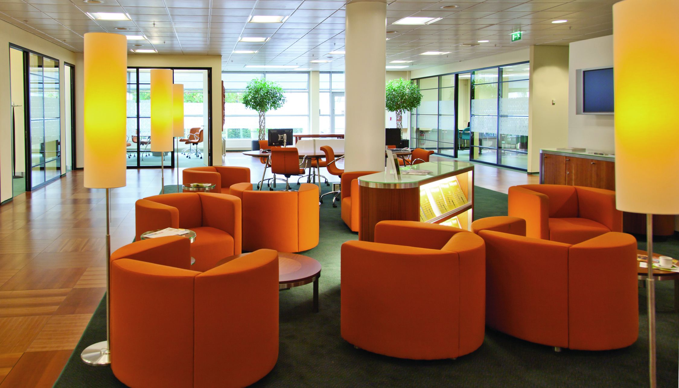 orange seating in a condo common area
