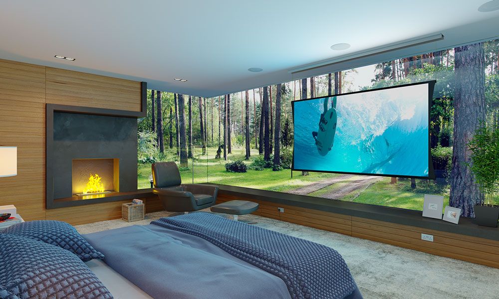 Screen Innovations, projector screen on large glass windows in bedroom