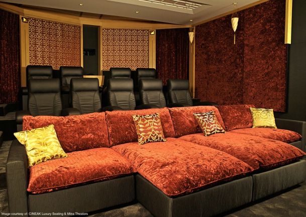 home theater with black seating and red velvet