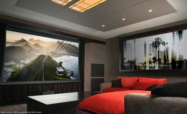 Home Theater with large screen playing movie