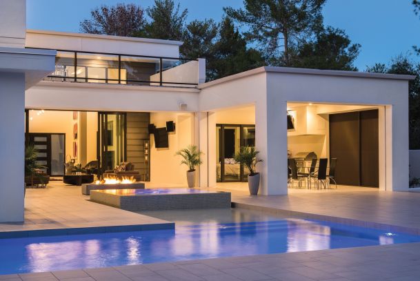 Outdoor view of home, modern, pool, lutron imagery