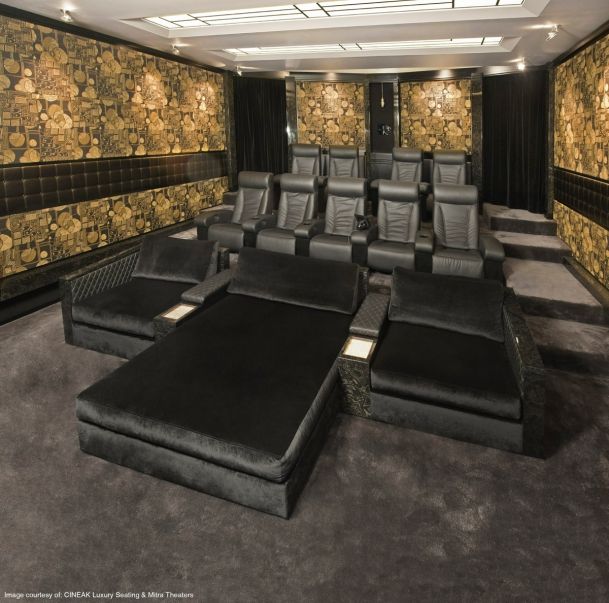 Home theater with black couches