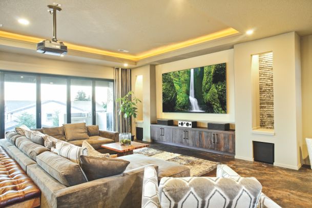 Media room with led lighting and large tv