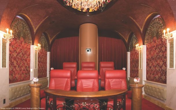 Home theater with red seating and red walls