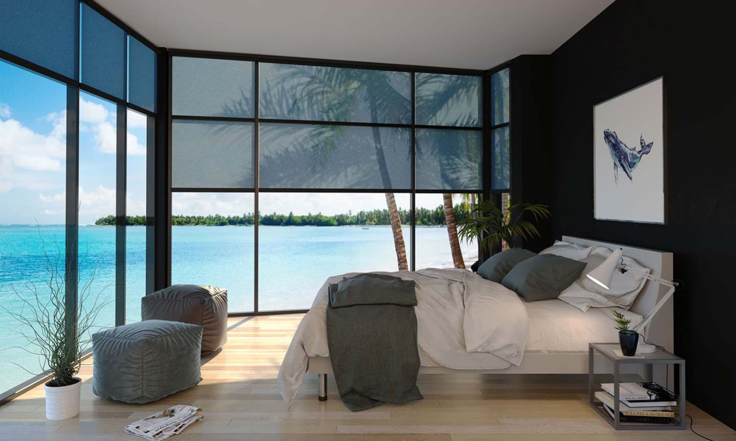 Screen Innovations, projector screen on large glass windows in bedroom