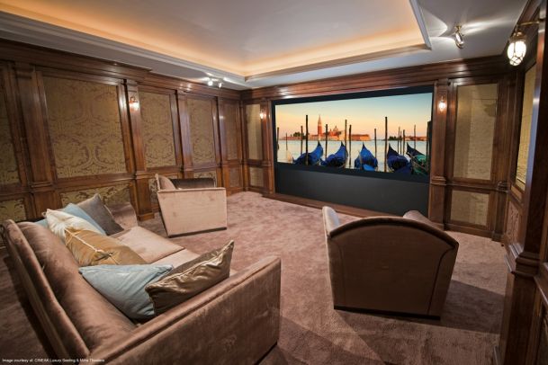 Home theater with wooden accents and LED lighting