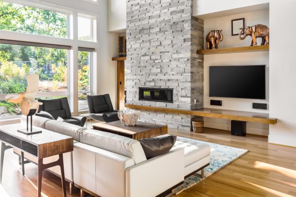 Living Room with stone and wood accents